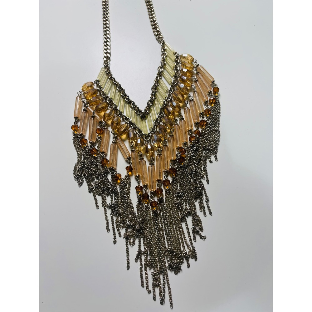 Chicos Amber Yellow Bead Silver Tone Fringe Bib Statement festival Necklace